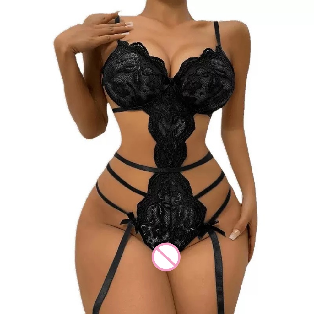 Lace Teddy Lingerie - ชุดบอดี้สูทลูกไม้เซ็กซี่แบบเปิดเป้า พร้อมสายรัดถุงน่องและดีเทลโบว์ | ชุดชั้นในเซ็กซี่สำหรับผู้หญิง