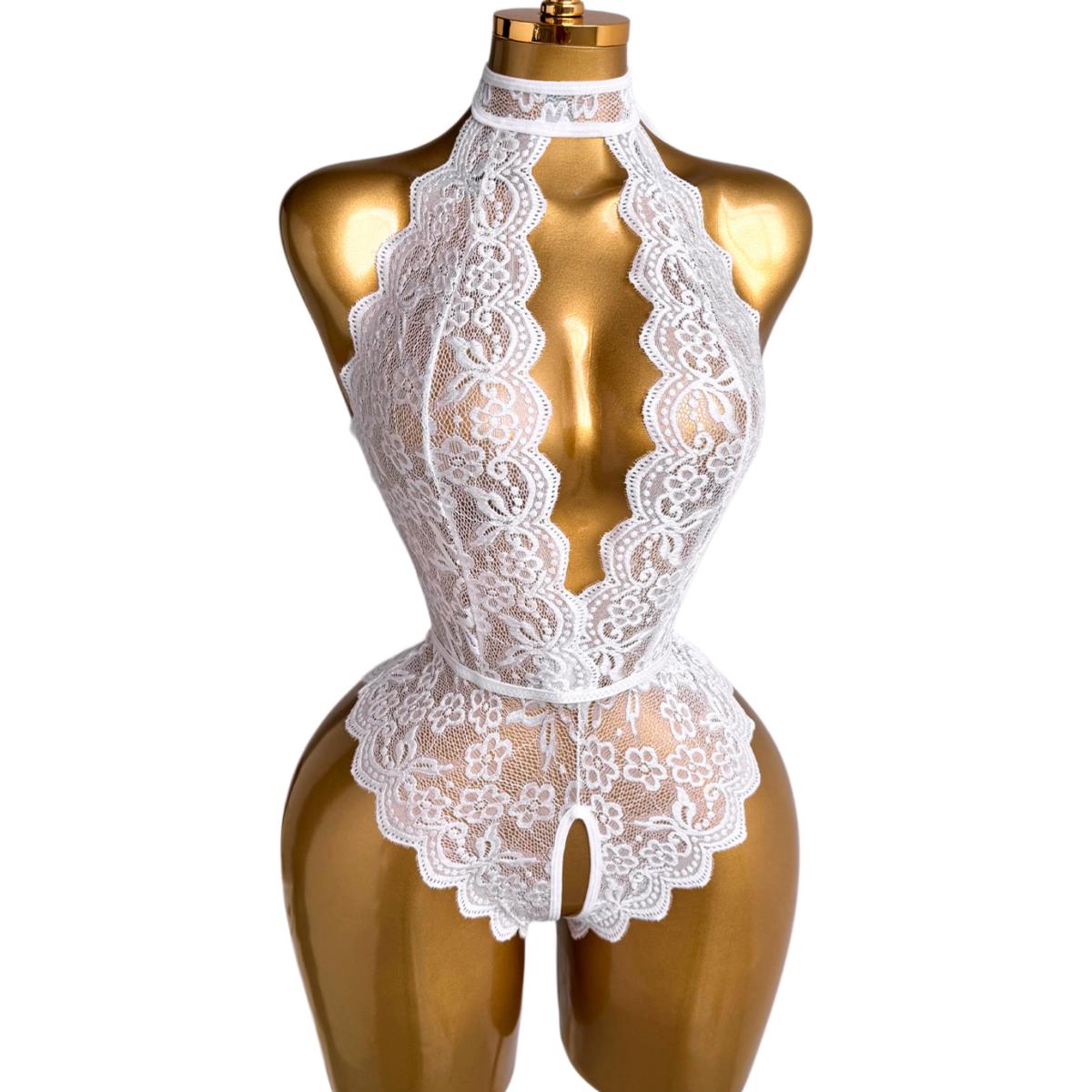 Lace Teddy Lingerie - ชุดนอนซีทรูลูกไม้ลายดอกไม้สีขาวแบบผูกคอ ชุดบอดี้สูทเว้าลึกเปิดเป้า ชุดนอนวาเลนไทน์สำหรับผู้หญิง