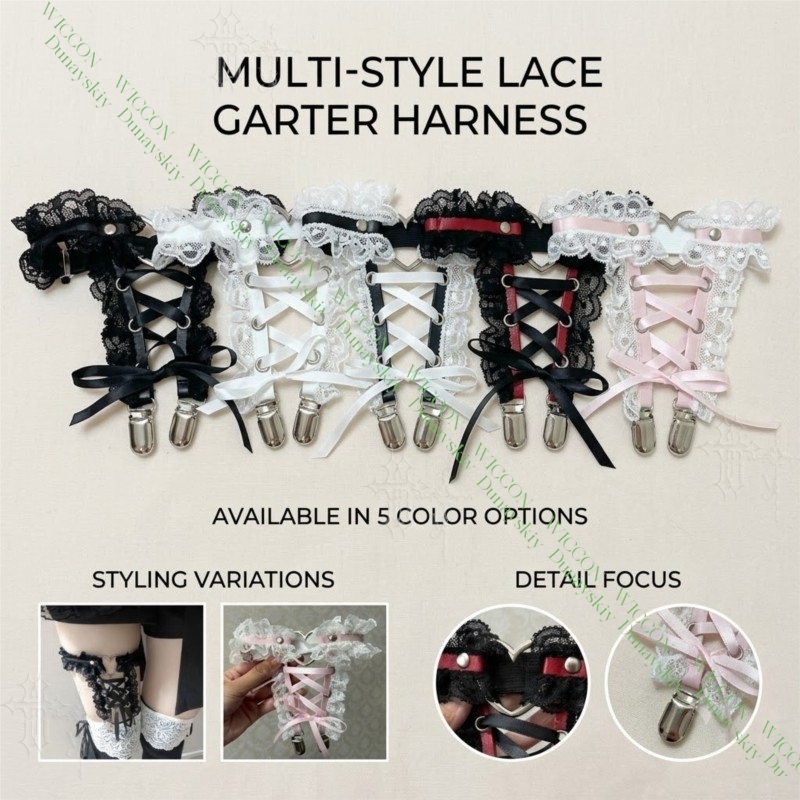 Garter Belt Set - สายรัดขาแบบริบบิ้นประดับลูกไม้รูปหัวใจ ยี่ห้อ Jirai Kei สไตล์โกธิคหวานซึ้ง แฟชั่นอัลเทอร์