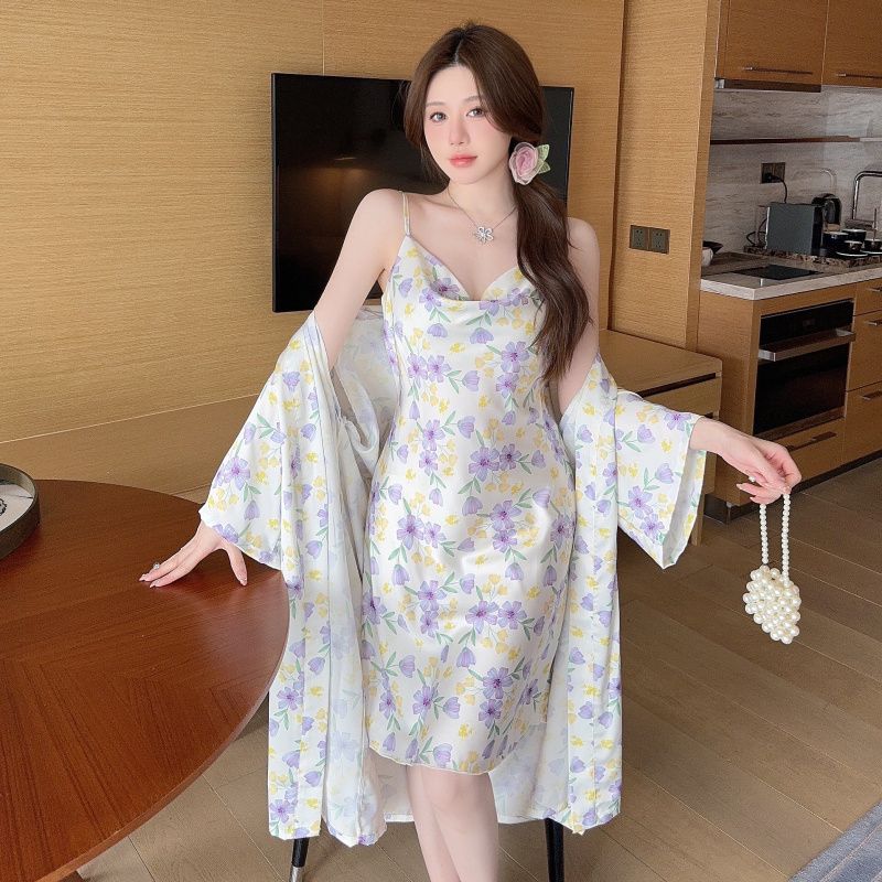 Robe Silk Women - ชุดเซ็ตสองชิ้นกระโปรงสายเดี่ยวพิมพ์ลายคุณภาพสูง สไตล์หวานหรูหรา รุ่นใหม่ประจำฤดูร้อนปี 2026 แฟชั่นสไตล์ฝรั่งเศส ผ้าไหมไอซ์ซิลค์สำหรับผู้หญิง
