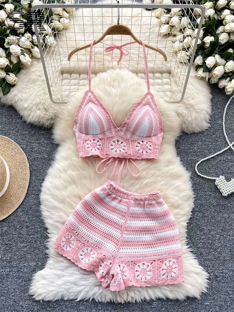 Cami Top Lace - ชายหาดถัก 2 ชิ้นชุดผู้หญิง Crop Top Halter