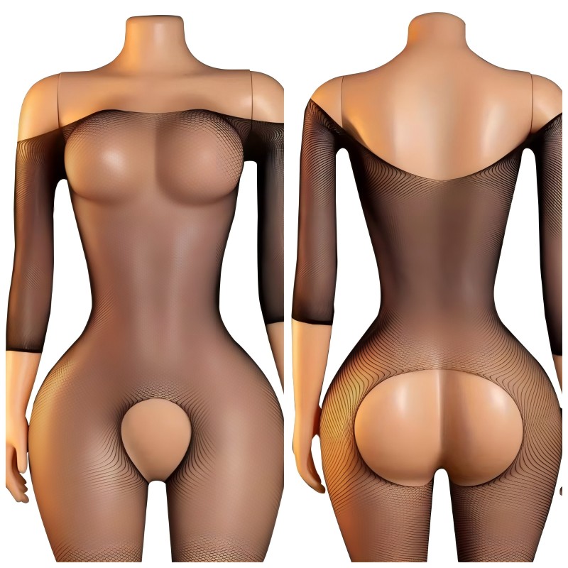 Bodystocking Fishnet - ถุงน่องตาข่ายรัดรูปเซ็กซี่สำหรับผู้หญิง สีดำ แบบเปิดเป้า ชุดบอดี้สต็อกกิ้งวาบหวิว ชุดชั้นในตาข่าย ถุงน่องแบบเต็มตัว