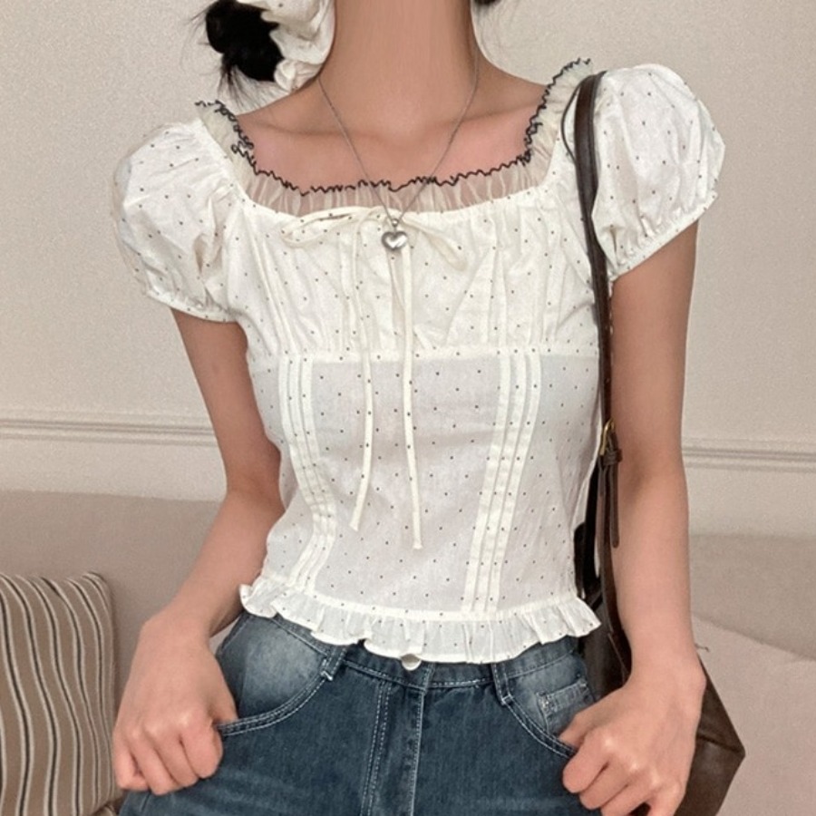 Corset Waist Cinch - เสื้อเชิ้ตสไตล์เกาหลี แขนสั้นแต่งลูกไม้ ลายจุด พร้อมเข็มขัดรัดเอว แต่งโบว์ผูกผม สำหรับผู้หญิง