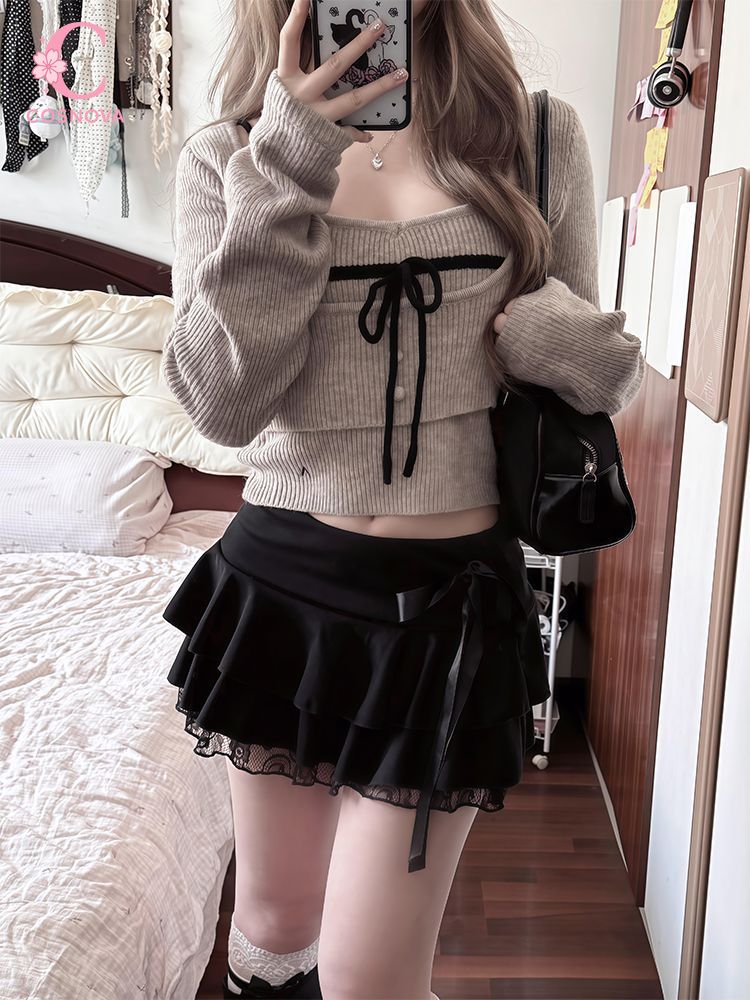 Cami Top Lace - ชุดเซ็ต 3 ชิ้น สไตล์วินเทจญี่ปุ่นสำหรับผู้หญิง เสื้อสายเดี่ยวถักแบบครอปท็อป ผูกโบว์