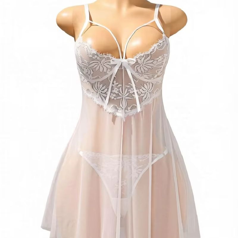 Babydoll Chemise Night - ชุดนอนซีทรูผ้าลูกไม้สีขาวสำหรับผู้หญิง ชุดนอนสายเดี่ยวคอวีผูกโบว์ ชุดนอนเซ็กซี่