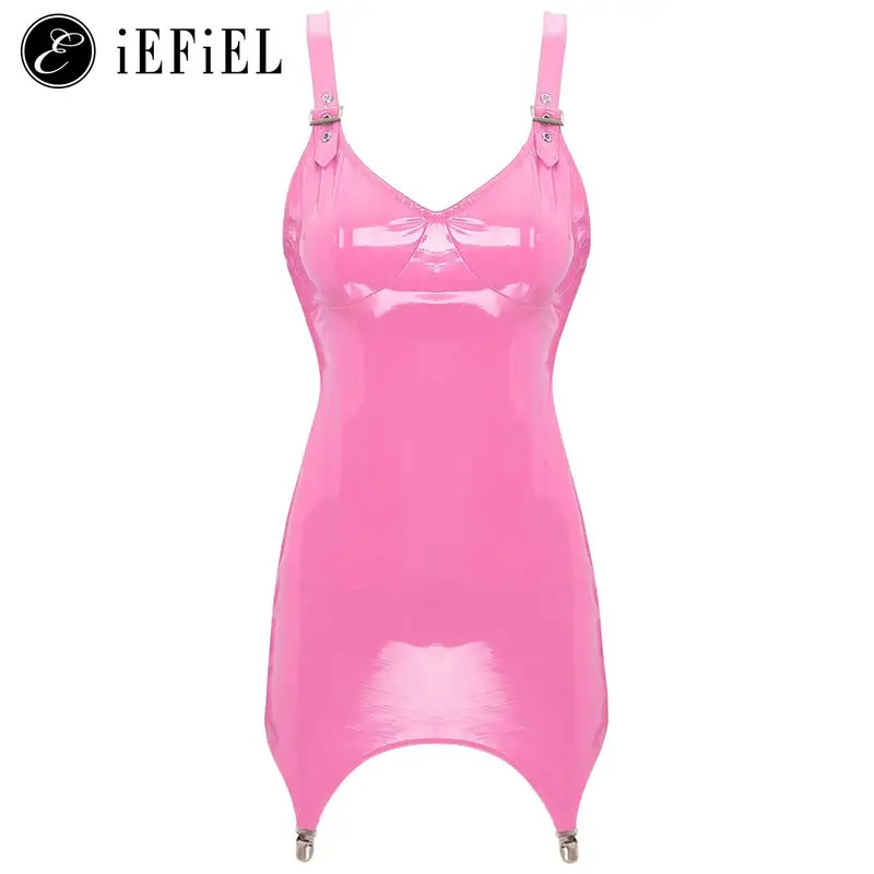 Babydoll Chemise Night - สตรีเงาโลหะ PVC หนัง V คอชุดมินิ Chemise