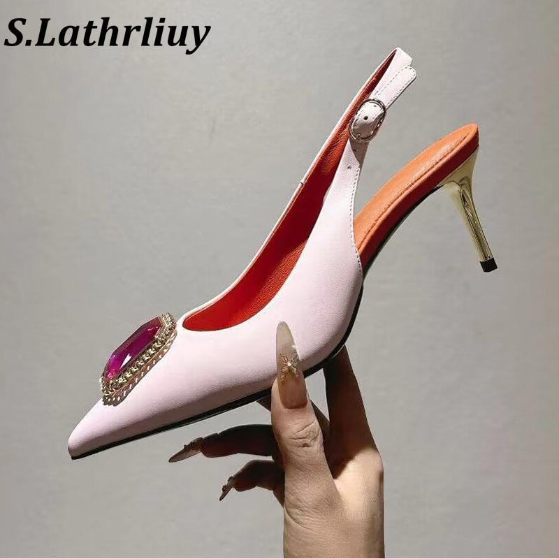 Slip Dress Satin - รองเท้าส้นสูงประดับเพชรระยิบระยับสำหรับฤดูร้อน แบบสวมเปิดหน้า ปลายแหลม ผ้าซาติน เหมาะสำหรับงานเลี้ยง