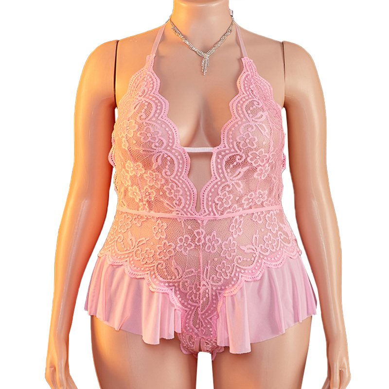 Lace Teddy Lingerie - ชุดชั้นในเซ็กซี่แบบซีทรูสำหรับสาวอวบ ไซส์ 1XL-4XL บอดี้สูทลูกไม้เว้าลึก ชุดนอนวาบหวิว