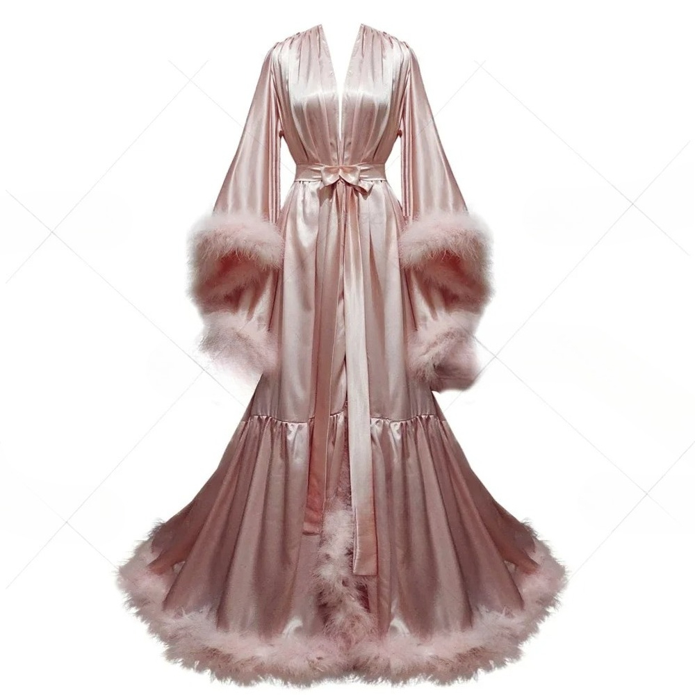 Robe Silk Women - ชุดคลุมอาบน้ำแบบกำหนดเองสำหรับผู้หญิง แขนทรงบาน ชุดคลุมเจ้าสาวขนนก ชุดนอนผ้าไหม ผ้าพันคอแต่งงานยาว ชุดเดรส