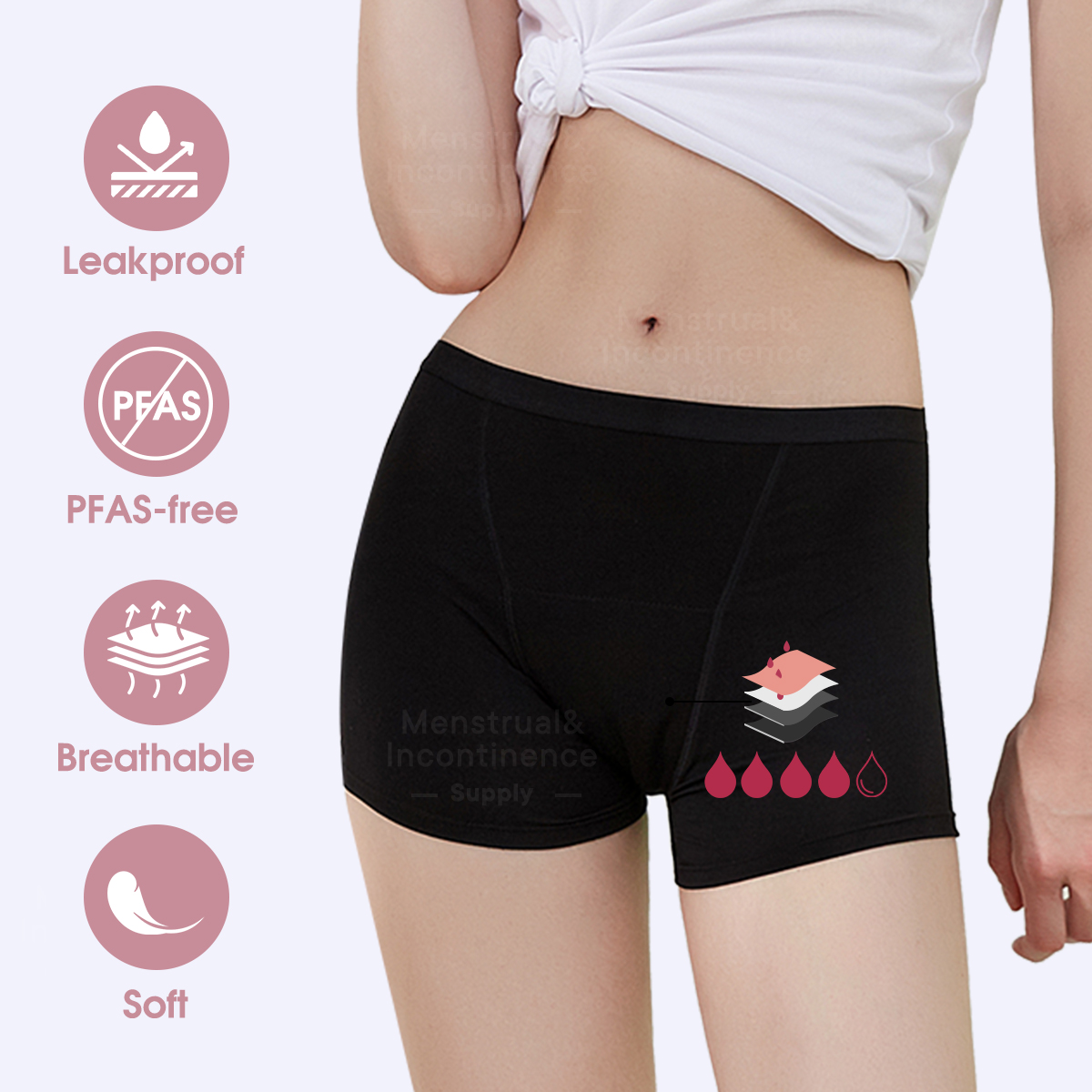 Boyshort Underwear - กางเกงในใยไผ่สำหรับผู้หญิง ป้องกันการรั่วซึม ระบายอากาศได้ดี 4 ชั้น ใช้ซ้ำได้
